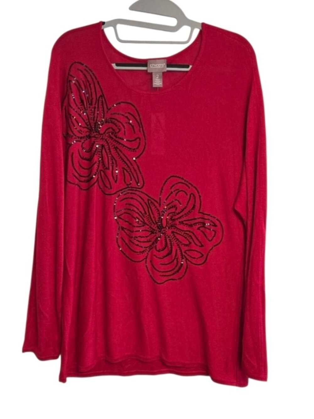 Chicos Large Red Sweater Size 2 Floral Gardencore Sparkly Botanical Bold Pops